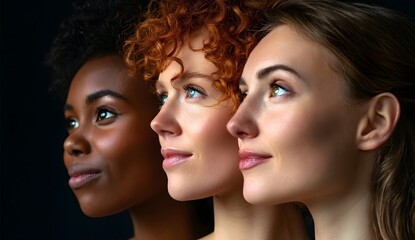 Obraz premium Close-up side profile of three diverse women gazing forward, symbolizing unity, diversity, and confidence. Natural beauty, soft lighting, modern portrait composition.