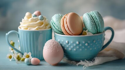 Pastel macarons in a blue bowl with a frosted cupcake in a matching mug, pastel eggs and white flowers on a blue table. Concept Pastel Desserts, Blue Table Setting, Cupcake and Macarons, Pastel Eggs
