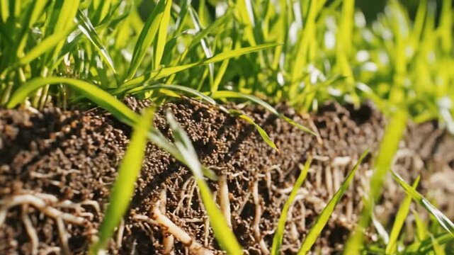 Close-up of healthy grass roots in rich soil, showcasing the underground life of a vibrant lawn