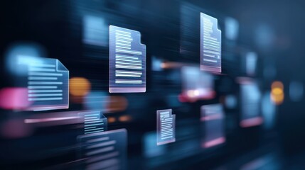 Futuristic digital document management system with glowing virtual file icons in a dark blue technological data storage environment