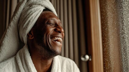 A man with a towel wrapped around his head and a bathrobe laughs by a rain-streaked window. Concept Rain-streaked window moment, man in bathrobe, towel turban, cozy indoor laughter, candid portrait