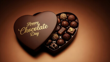 Heart shaped box of assorted gourmet chocolates opened to reveal delicious truffles and bonbons celebrating a special chocolate day occasion