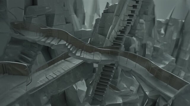3D abstract architecture impossible geometry, twisting staircases bridges, interlocking towers, infinite depth, surreal physics-defying structures cinematic camera movement, reflective metallic glass