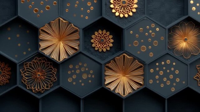 Abstract geometric pattern of golden floral designs on a hexagonal surface