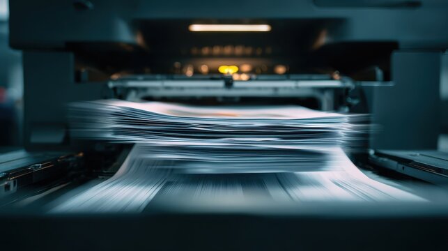 High-speed document printing with motion blur, showing a stack of paper sheets moving through a modern industrial printer.