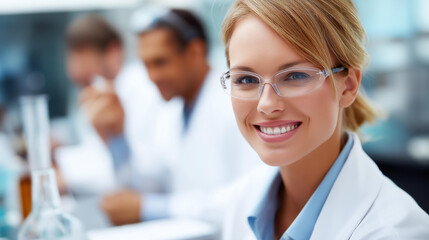Faceless medical science laboratory beautiful smart scientist wearing white coat and glasses holds test books smiles looking at camera, diverse team of specialists, medium portrait shot,