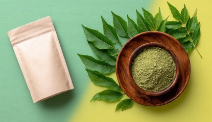Vibrant photo of Top view of herbal green powder in a wooden bowl with fresh leaves and a paper pouch on a colorful background