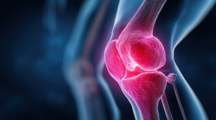 Human knee joint anatomy with red inflammation glow representing pain or arthritis, 3D medical illustration