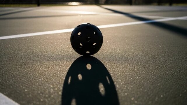 Pickleball ball on court with reflection and white lines.