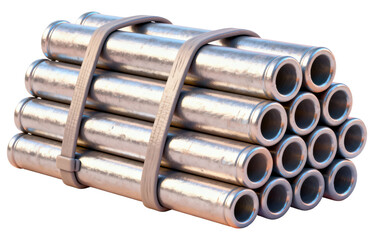 Stack of metal pipes 3D illustration, isolated on transparent background, png