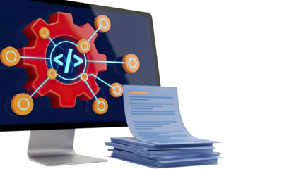 Computer Screen with Code Symbol and Stack of Documents