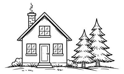 Hand drawn line art illustration of a cozy house depicting a home with evergreen trees for residential concepts