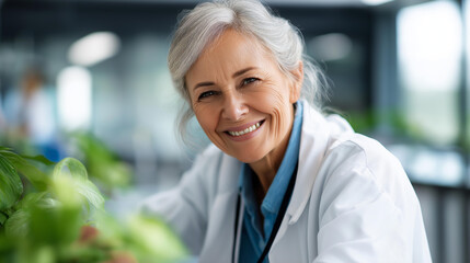 Faceless smiling female scientist, friendly mature scientist smiles warmly while working with plants in modern laboratory setting, expression conveys confidence expertise, defocused face, with