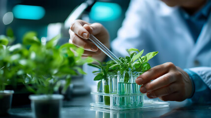 Faceless biotechnology science of genetic engineering, scientist experiments with genetically modified plants laboratory test tubes, plants obtained by new genomics techniques mutagenesis,