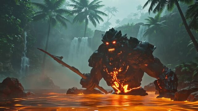 Animated 3D lava golem rising molten pools, tropical environment palm trees waterfalls, magical dark wizard summoning glowing glyphs, embers sparks flying, dramatic cinematic lighting, heat distortion