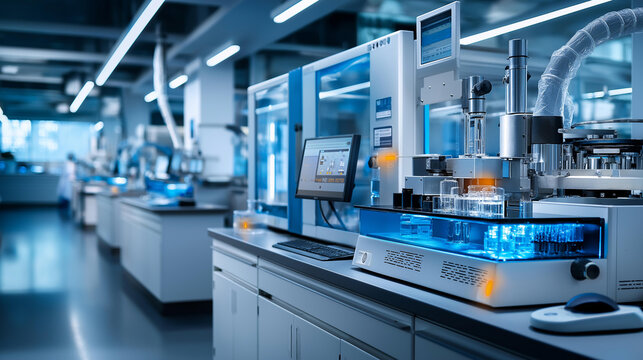 Automated laboratory innovations in pharmaceutical manufacturing cleanroom, biotechnology enhancements, sterile production environment, high-tech drug development, quality control systems, with