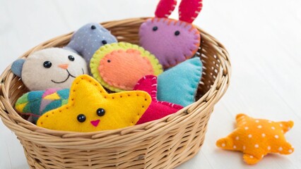 Woven basket overflowing with various handmade felt stuffed animal toys, with an extra star toy placed outside the basket
