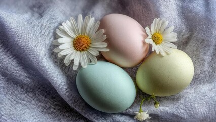 Pastel Easter eggs with white daisies on a gray fabric. Concept Pastel Easter Eggs, White Daisies, Gray Fabric Texture, Spring Still Life, Soft Color Palette