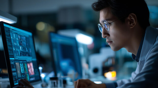 Faceless scientist analyzing data on computer screens, research information review, laboratory digital analysis, scientific data processing, biotechnology computing work, defocused professional,