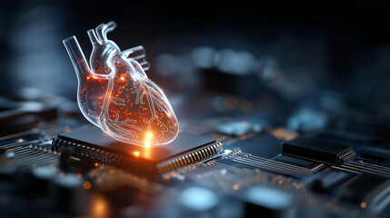 Obraz premium Digital heart glowing on circuit board, medical technology integration, healthcare electronics visualization, biomedical engineering concept, cardiology innovation representation, tech health