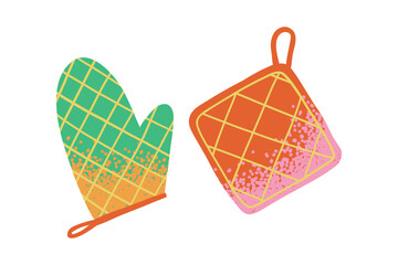 Hand-drawn hot pot holders. Textured illustration of kitchen utensils, baking, kitchen.