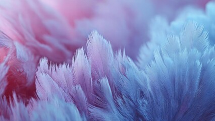 Close-up of soft pastel feathers with a pink and blue gradient. Concept Soft Pastel Feathers, Close-Up Macro, Pink and Blue Gradient, Delicate Texture, Gentle Color Palette