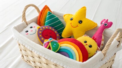 A wicker basket overflowing with vibrant handmade felt toys like a star, a chick, a rainbow, and a ladybug, isolated on white background