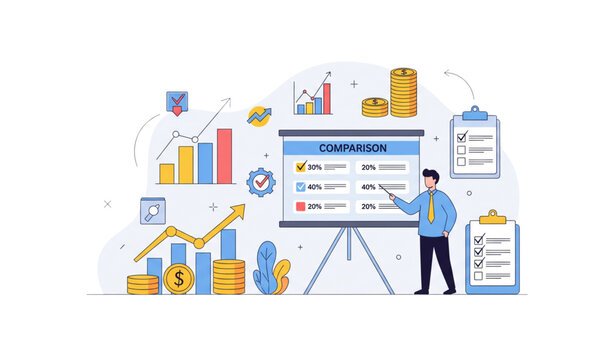 Operational benchmarking and business testing concept with manager and comparison metrics flat doodle vector set isolated on transparent background