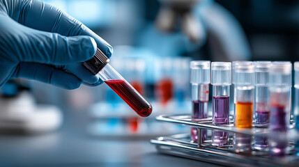 Medical testing blood sample being prepared for analysis, laboratory specimen processing, diagnostic testing preparation, clinical pathology work, healthcare sample handling, with copy space