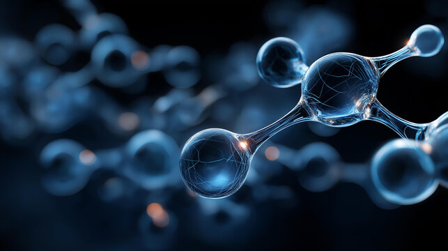 Blue molecule structure 3D illustration science biotechnology, molecular model visualization, chemical compound rendering, scientific molecular graphics, biochemistry representation, with copy