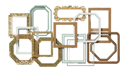Assorted ornate picture frames isolated on transparent background