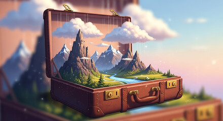 Open vintage suitcase revealing miniature mountain landscape and clouds, surreal travel and imagination concept symbolizing adventure and escape, isolated on transparent background