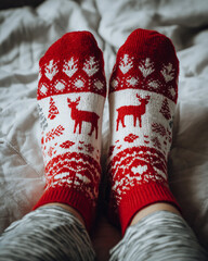 Person Wearing Festive Reindeer Christmas Socks in Bed
