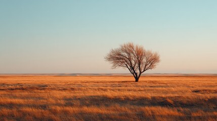 Lone bare tree in a golden field at sunset with a clear sky