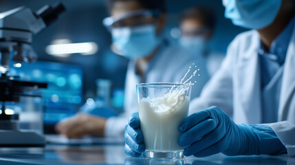 Faceless scientists or nutritionists working on sample of milk in biotechnology laboratory, genetic and bacteria research, dairy product quality control, protein glucose lactose percentage test,