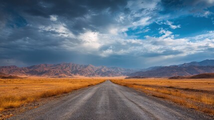 Long straight gravel road through a vast desert landscape towards rugged mountains under a dramatic stormy sky