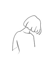 A girl in short hair  is drawn in one line style. Body expression. Printable art.	