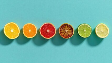 Six halved citrus fruits lined up in a row: orange, orange, grapefruit, blood orange, lime, and lemon on a turquoise background. Concept Halved citrus still life, Vibrant citrus colors