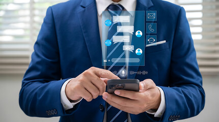 Professional businessman holding smartphone engaging with automated chat bot interface for quick customer service response and artificial intelligence communication technology concept