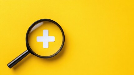 Fototapeta premium Magnifying glass with a white plus sign on a solid yellow background