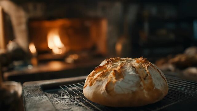 Homemade bread baking in oven. Organic fresh bread