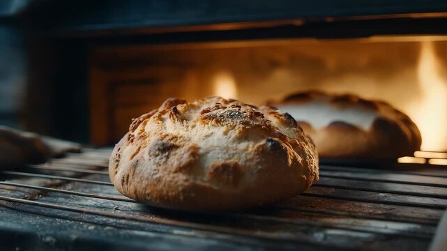 Homemade bread baking in oven. Organic fresh bread