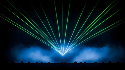 Vibrant green laser beams illuminate dark stage, creating captivating visual display
