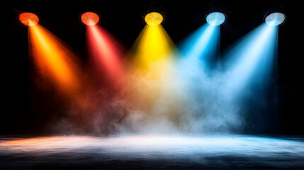 Vibrant stage lights illuminate smoky background, creating dramatic atmosphere
