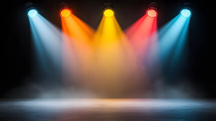 Bright stage lights illuminate dark background, creating vibrant atmosphere

