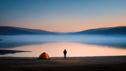 A lone figure stands beside an orange tent on a calm lakeshore at dawn, with mist over the water and distant hills. Concept Misty lakeside dawn, Solitary figure by orange tent
