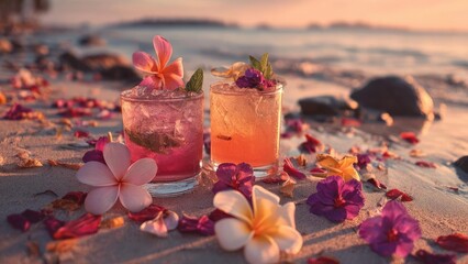 Two tropical cocktails with flower garnishes sit on a sunset beach, surrounded by scattered petals. Concept Tropical cocktails, Sunset beach, Flower garnishes, Petal accents, Romantic beach vibes