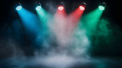 Bright stage lights illuminate foggy scene with colorful beams of blue, red, and green
