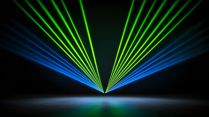 Bright green and blue laser beams create stunning visual effect against dark background
