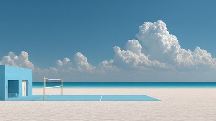 Obraz premium Vibrant blue volleyball court, building, white sand beach, ocean, clouds. Use for travel ads, summer getaways, sports, or peaceful resort brochures.